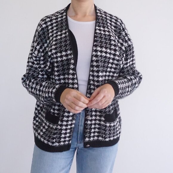 Vintage Tradition Sears Black White Knit Houndstooth Button Cardigan Sweater XL - Picture 2 of 11